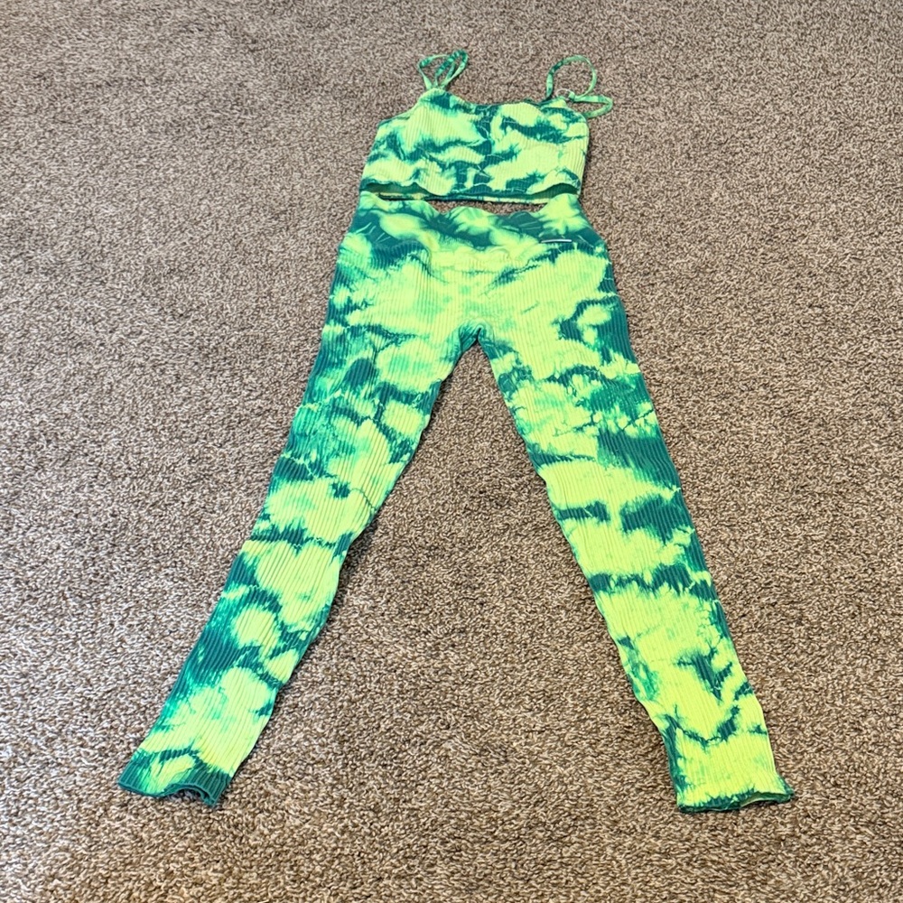 Bombshell Sportswear Green and Yellow Tie-Dye Leggings and tank top set